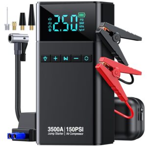10-in-1 Portable Car Battery Jump Starter with Air Compressor, 3500A 150PSI Portable Car Jumper Starter (All Gas 12L Diesel), 12V Jump Box Car Battery Jump Starter with Jumper...