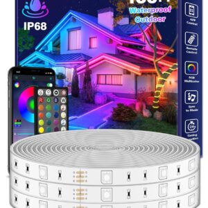 100Ft Outdoor LED Strip Lights Waterproof,Music Sync RGB IP68 Outside Led Light Strips Waterproofs with App and Remote,Exterior Led Rope Lights Waterproof for...