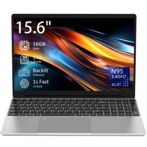 15.6" Laptop Computer Notebook, 16GB RAM, 1TB NVMe SSD, 4-Core N95 Processor, FHD Display, Backlit Keyboard, Fingerprint, Webcam, Bluetooth, WiFi, Win 11 Pro, 10TB Upgradeable;...