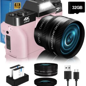 2024 Upgrade VJIANGER Digital Camera for Photography Vlogging Camera for YouTube with WiFi, 180ยฐ Flip Screen, 16X Digital Zoom, 52mm Lens, 2 Batteries, 32GB Micro SD Card(Pink)