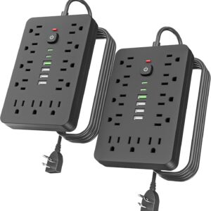 2PCS 5 FT Flat Plug Surge Protector Power Strip,11 Multiple AC Outlets with 6 USB Ports (2 USB C), 5 Feet Extension Cord, 1250W/10A, One Touch Switch Button, 17 in 1 Compact...