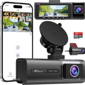 3 Channel 5G WiFi Dash Cam, 4K+1080P+1080P Dash Cam Front and Rear Inside with 64GB Card, 3.16โ IPS Screen, G-Sensor, Loop Recording, Parking Monitor, 170ยฐ Wide Angle, IR Night...