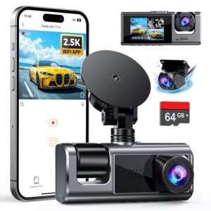3 Channel WiFi Dash Cam Front and Rear Inside with 64GB SD Card, 2.5K+1080P+1080P Car Dash Camera for Cars Front and Rear, Dashcam with G-Sensor, Loop Recording, 24H Parking...