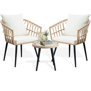 3 Piece Patio Bistro Set, Outdoor Wicker Apartment Balcony Furniture Sets, Rattan Table and Chairs Set of 2 for Porch Backyard Lawn Poolside Deck, Beige