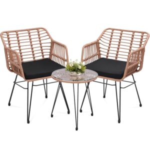 3 Piece Wicker Patio Bistro Furniture Set, Includes 2 Rattan Chairs and Glass Top Table, Ideal for Porch, Outdoor, Backyard, Apartment, Balcony, Natural