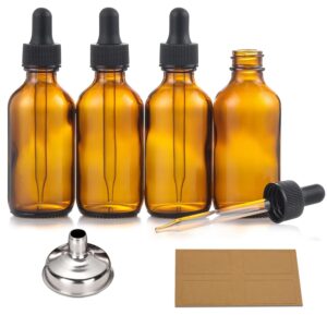4 Pack, 2 oz Bottles with Dropper & 1 Funnel & 4 Labels - Essential Oils Bottles for Health, Personal Care & Beauty - 60ml Thick Dark Amber Glass Tincture Bottles, Refillable...
