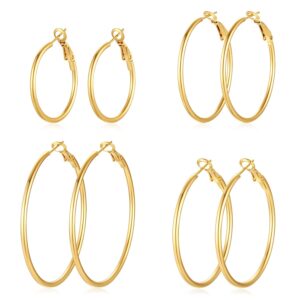 4 Pairs Silver Gold Hoop Earrings for Women | 14K Gold Plated Hoop Earrings Set Hypoallergenic Earring Lightweight Dangle Earrings Set