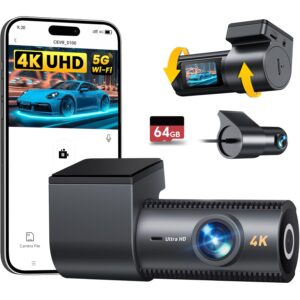 4K Dash Cam Front and Rear, 64GB SD Card, 1.5โ IPS Display Car Camera, 5Ghz WiFi+App Control, Night Vision, 24H Parking Mode, G-Sensor, WDR, 170ยฐ Wide Angle, 4K+1080P Dual Dash...