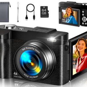 4K Digital Camera for Photography- 50MP Autofocus Vlogging Camera with 2.8" 180ยฐ Flip Screen, 16X Digital Zoom- Compact Point and Shoot Camera with 64GB SD for YouTube, Travel,...