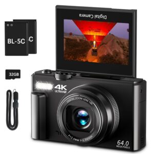 4K Digital Camera for Photography, 64MP Vlogging Camera for YouTube with 3" 180ยฐ Flip Screen, 18X Digital Zoom Point and Shoot Camara with 32GB Micro SD Card for Beginner (Black)
