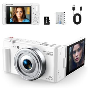 4K Digital Camera for Photography, 72MP Vlogging Camera for YouTube, Autofocus Digital Cameras with 270ยฐ Flip Screen, 18X Digital Zoom Point and Shoot Cameras with 64GB TF Card...