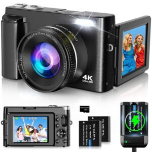 4K Digital Camera for Photography and Video, Autofocus 48MP Vlogging Camera for YouTube with 3'' 180ยฐFlip Screen 16X Zoom Compact Travel Cameras with SD Card, 2 Batteries,...