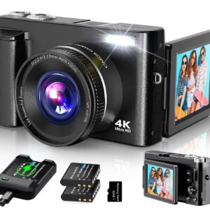 4K Digital Camera for Photography Autofocus, 2024 Latest 48MP Vlogging Camera for YouTube with SD Card, 2 Batteries, 3" 180ยฐFlip Screen Compact Travel Camera for Teens with 16X...