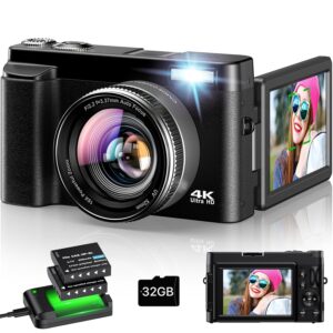 4K Digital Camera for Photography - Autofocus 48MP Vlogging Camera for YouTube with 3'' 180ยฐFlip Screen - 16X Digital Zoom, Anti-Shake Camera for Vlogging with SD Card, 2...