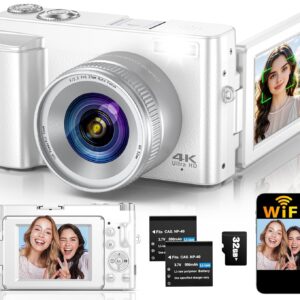 4K Digital Camera for Photography Autofocus, 64MP WiFi Vlogging Camera for YouTube with 2 Batteries, SD Card, 3" 180°Flip Screen Selfie Compact Travel Camera for Teens with 16X...