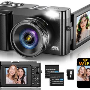 4K Digital Camera for Photography Autofocus, Upgraded 64MP WiFi Vlogging Camera for YouTube with 3" 180ยฐ Flip Screen, 16X Zoom, Compact Travel Cameras for Beginners with 32GB...