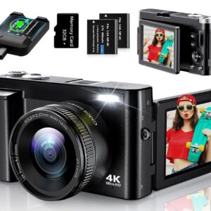 4K Digital Camera for Photography, UHD Autofocus 48MP 180° Flip Screen 16X Zoom Compact Point Shoot Vlogging Camera for YouTube with 2 Batteries, 32GB Card (Black)