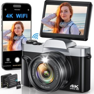 4K Digital Camera for Photography, WiFi 64MP Autofocus Vlogging Camera for YouTube, 3" 180ยฐ Flip Screen, 16X Zoom Antishake Compact Point and Shoot Travel Cameras with 32GB SD...