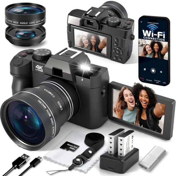 4K Digital Camera for Photography with WiFi Auto-Focus Vlogging Camera for YouTube with Flip Screen, Come with 2 Batteries, Wide & Macro Lens, MicroSD Card, Card Reader