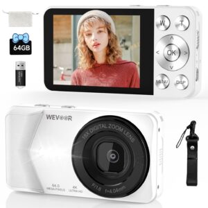 4K Digital Camera, Wevoor 64MP Point and Shoot Digital Camera with Autofocus, 18X Zoom, 20 Filters, 64GB SD Card, 2000 mAh Battery, 2.8" Screen Compact Vlogging Camera for...