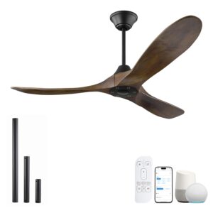 52 inch Smart Ceiling Fan without Lights, Outdoor Ceiling Fans for patios, Work with Alexa/Google/App, 3 Blade solid Wood Propeller DC Ceiling Fan no lights with Remote for...