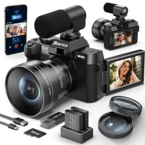 5K Digital Camera, 48MP Cameras for Photography, Vlogging Camera for YouTube with 180ยฐ Flip Screen,16X Digital Zoom,52mm Wide Angle & Macro Lens, 2 Batteries, 32GB TF Card