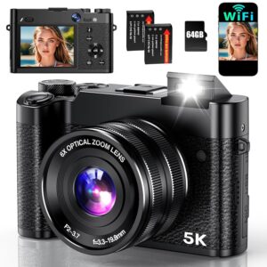 5K Digital Camera, 64MP Cameras for Photography with 6X Optical Zoom & Autofocus, WiFi Vlogging Camera for YouTube Video, Dual-Lens, 2 Batteries, 64GB Card & Flash, Best Cameras...