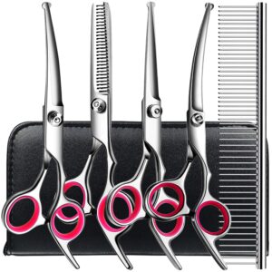 6 in1 Professional Dog Grooming Scissors Kit, Dog Shears for Grooming with Safety Round Tips, Titanium Coated Grooming Scissors for Dogs Cat Pet At Home