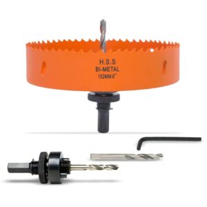 6 Inch Hole Saw with Arbor for Metal Wood and Plastic Cutting, 152mm Bi-Metal Hole Cutter for Different Project with Smooth and Flat Drilling Edge, Fast Chip Removal, Handy Hole...