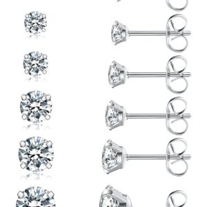 6 Pairs Stud Earrings Set, Hypoallergenic Cubic Zirconia 316L Earrings Stainless Steel CZ Earrings 3-8mm (Steel color)