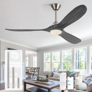 60 Inch Smart Outdoor Ceiling Fans with Light Alexa/Tuya App/Remote Control, Modern Gray Wood DC Ceiling Fan with Dimmable Led Light, Damp-rated Exterior Ceiling Fan for Patios...