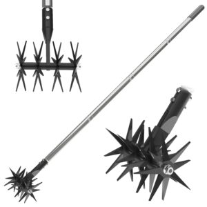 66in Rotary Cultivator with Tempered Spring Steel Tines and Adjustable Stainless Steel Handle Manual Garden Tiller Tool for Loosening Soil Mixing Fertilizer