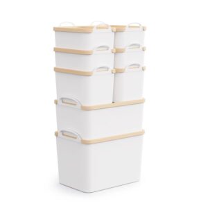 8 Packs Plastic Storage Bins with Lids Storage Organizing Containers Decorative Storage Boxes with Lids for Shelves Closet Desktop Playroom Classroom Office Drawers,White