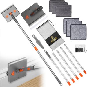85โ Baseboard Cleaner Tool with Handle and Hooks, 180ยฐ Rotating Wall Cleaner with Convex Design, Wall Mop with 6 Reusable Pads to Clean Wall, Window, Floor and Ceiling with...