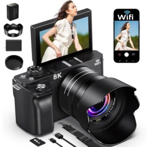 8K Digital Camera, 88MP Cameras for Photography, WiFi Vlogging Camera for YouTube with 3" 180° Flip Screen, 18X Zoom UHD Autofocus Video Camara with Lens Hood, 64GB Card