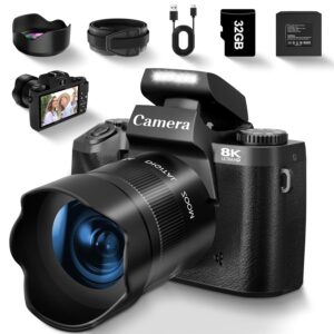 8K Digital Camera for Photography, Vlogging Camera for YouTube with Autofocus, 4 Inch Touchscreen 16X Digital Zoom Video Camera with 3000mAh Battery, Dual-Lens, Lens Hood, 32GB...
