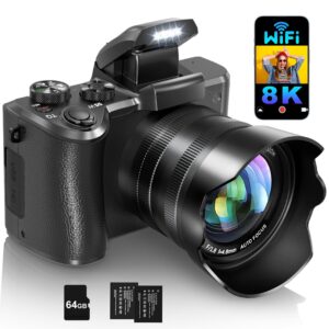 8K Digital Cameras for Photography Autofocus, WiFi 88MP Vlogging Camera with Dual-Lens, Flash, 16X Digital Zoom, Touch Screen, Travel Camera Anti-Shake with Lens Hood, 64GB...