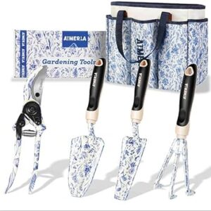 Aimerla Gardening Tool Set of 5 Heavy Duty Aluminum Garden Tools with Non-Slip Rubber Grip, Fashion Garden Bag, Durable Hand Tools for Gardener, Weeding, Gardening Gifts for...