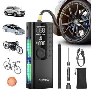 Airmoto Tire Inflator Portable Air Compressor - Air Pump For Car Tires with Digital Pressure Gauge, LED Light and Auto Shut-Off Function - Cordless Pump for Car, Motorcycle,...