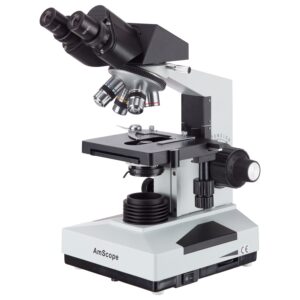 AmScope B490B Compound Binocular Microscope, WF10x and WF20x Eyepieces, 40X-2000X Magnification, Brightfield, Halogen Illumination, Abbe Condenser, Double-Layer Mechanical...