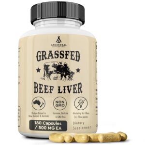 Ancestral Supplements Grass Fed Beef Liver 180 Capsules, Supports Energy Production, Detoxification, Digestion, Immunity and Full Body Wellness, Non-GMO, Freeze Dried Liver...