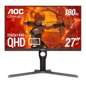 AOC Q27G3XMN 27" 2K QHD Gaming Monitor, 2560x1440, Mini LED, 180Hz, HDMI 2.0 x 1, DisplayPort 1.4 x1, Adaptive Sync, Xbox/PS5/Switch Ready, 3-Year Zero-Bright-dot
