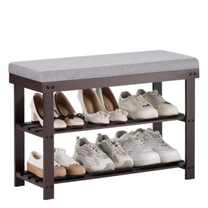 Apicizon 3-Tier Shoe Rack for Entryway, Bamboo Shoe Bench with Cushion Padded Seat, Small Shoe Organizer with Storage for Indoor Entrance Hallway Bedroom Living Room, Brown