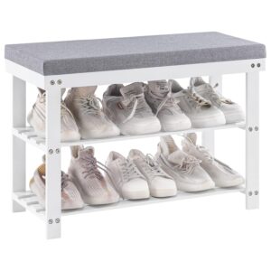 Apicizon 3-Tier Shoe Rack for Entryway, Bamboo Shoe Bench with Cushion Padded Seat, Small Shoe Organizer with Storage for Indoor Entrance Hallway Bedroom Living Room, White
