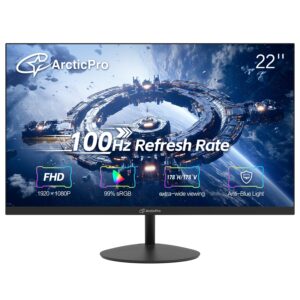 ArcticPro 22 inch Class Thin Full HD (1920 x 1080p) Computer Monitor, 100Hz Refresh Rate, 99% sRGB, 3-Sided Frameless, Ultra Slim, VESA, LowBlue Mode, Tilt Adjust, HDMI *1, VGA*1