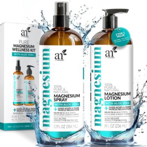 ArtNaturals Magnesium Oil Spray 12 oz + Body Massage Lotion Set 8oz for Feet & Sleep - Extra Strength Cream Ultra-Pure, Relief & Relaxation, Muscle Health Leg & Joint Care...