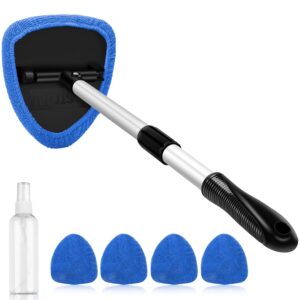 AstroAI Windshield Cleaner Tool, Car Interior Detailing Cleaning Kit with Extendable Handle and 4 Reusable Microfiber Pads, Auto Glass Wiper Brush Kit for Cars, Blue,15.9in-21in
