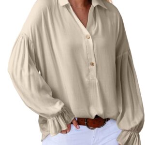 Astylish Women's Casual Blouses Business Linen Tops Cute Puff Sleeve V Neck Button-Down Henley Shirts 2025 Fall Outfits