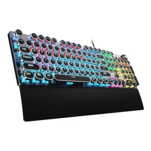 AULA F2088 Typewriter Style Mechanical Gaming Keyboard Blue Switches,Rainbow LED Backlit,Removable Wrist Rest,Media Control Knob,Retro Punk Round Keycaps,USB Wired Computer...
