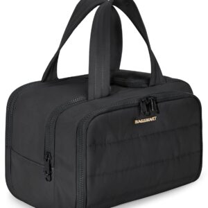 BAGSMART Travel Toiletry Bag, Lightweight Large Wide-open Travel Bag for Women, Puffy Cosmetic Makeup Bag Organizer with Handle for Accessories,Essentials, Toiletries, Black